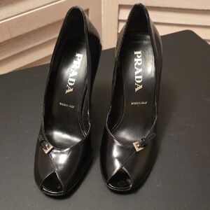 Prada Women's Glossy Black Peep-Toe Heels